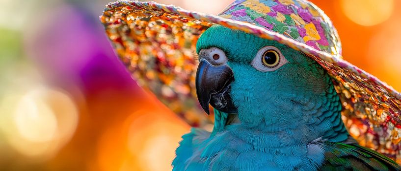 Colourful parrot with festive hat - Cheerful and lively by Poster Art Shop