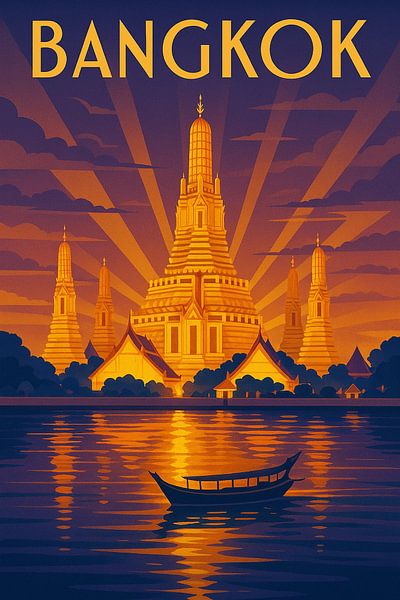 Bangkok Golden Glow – Art Deco Wat Arun Poster by Travel Shop