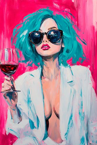 Vrouw met groen haar en wijn - Pop Art