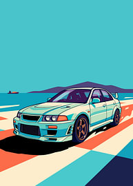 Mitsubishi Evo vert menthe, décor côtier, affiche au design géométrique rétro