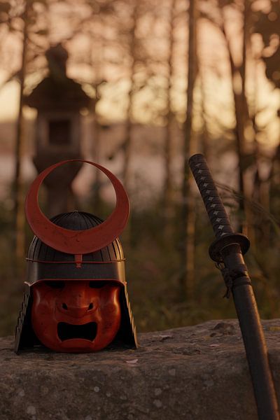 Antique samurai helmet next to katana sword in beautiful evening light by Besa Art