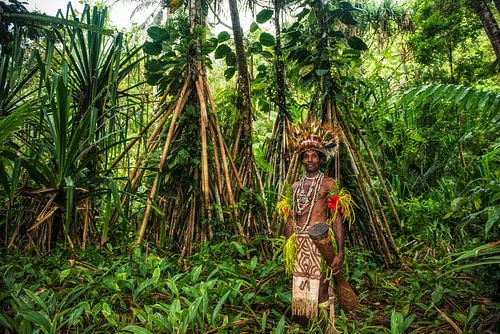Traditioneel geklede man met trommel in het oerwoud van Papua Nieuw Guinea.