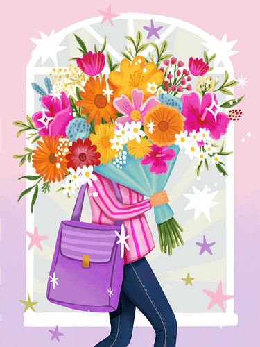 Frau, die einen bunten Blumenstrauß in Rosa und Lila hält von Aniet Illustration