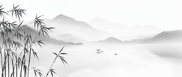 Fijn landschap met bamboe in de mist van Poster Art Shop