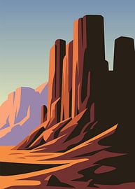 Een woestijnlandschap met steile rotswanden, warme tinten en een minimalistische retro-posterlook
