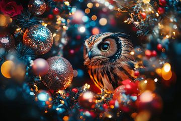 Feestelijke Nachtwacht - Uil te Midden van Glinsterende Kerstdecoraties van Eva Lee