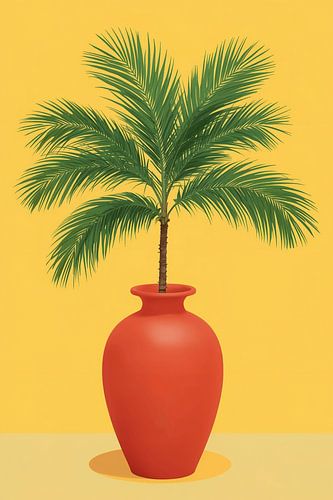 Palme in roter Vase auf gelbem Hintergrund