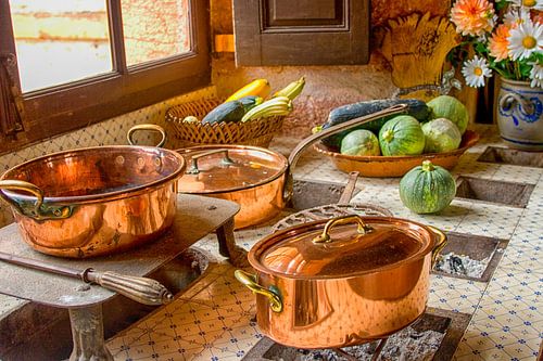 Copper pans in 18th century kitchen