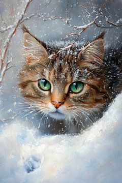 Kattengezicht in de sneeuw van Poster Art Shop