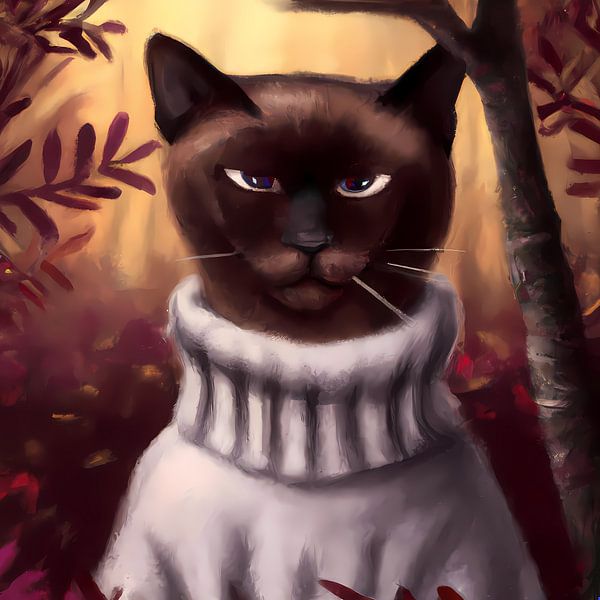 Funny cross-eyed brown Siamese cat with a thick sweater on in the forest by Maud De Vries
