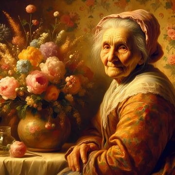 Old woman with flowers by Tatjana Korneeva