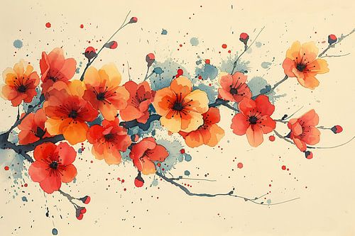 Aquarelbloemen in rood en oranje