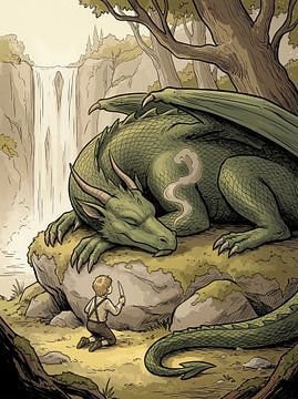 Child with dagger approaching sleeping dragon in forest by Markus Gann