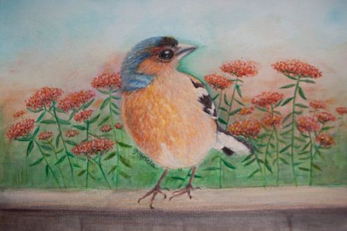 Vink vogel met oranje bloemen