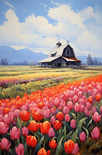Bauernhaus mit Tulpenfeld
