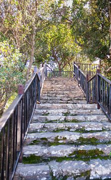 oude trappen van steen naar de heuvel van de kerk in Porto Cervo Sardinië
