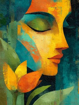 Abstract vrouwelijk portret met tulp en warme groene en oranje tinten