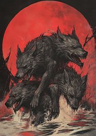 The Three-Headed Hellhound Under the Blood Moon by marukin