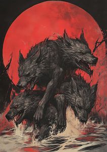 Le chien de l'enfer à trois têtes sous la lune de sang