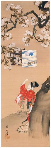 Kawanabe Kyōsai - Benzaiten kijkt naar kersenbloesems