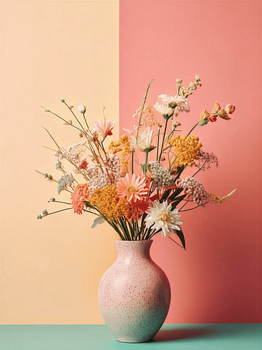 A modern, minimalist still life of a bouquet in a vase, featuring soft pastel colours