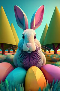 Osterhase mit bunten Ostereiern im Gras mit Birkenbäumen
