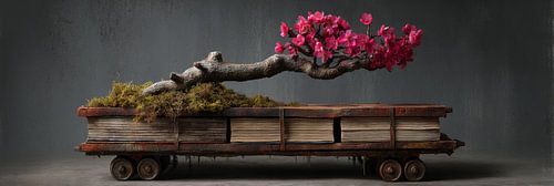 Bonsai op metalen boekenkar met bloesem stilleven panorama