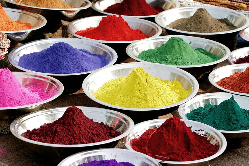 Colored tikka powders in India by Melissa Peltenburg