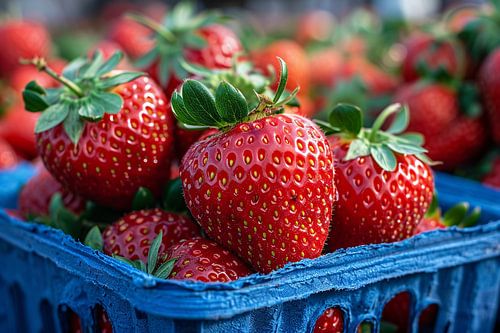 Blauwe schaal met aardbeien