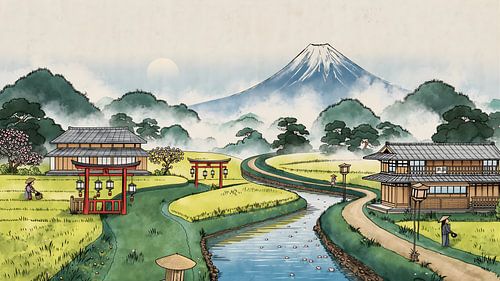 Friedliches japanisches Dorf am Fluss mit dem Berg Fuji in der Ferne