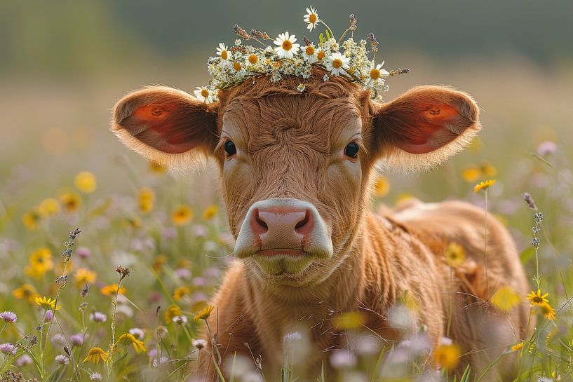 Field flower dream - Adorable calf with daisy wreath by Poster Art Shop