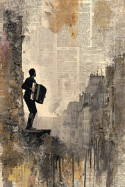 Musiker über Paris – Verträumtes Gemälde in Beige von BowiScapes – Kunst und urbane Wandgestaltung