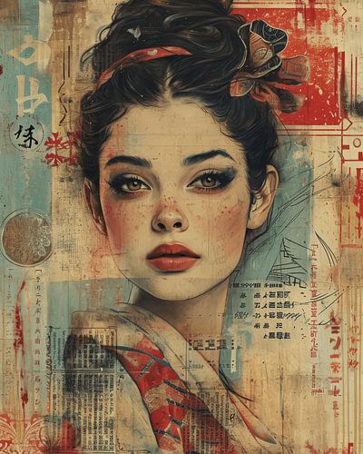 Mischtechnik-Collage "Asiatisches Mädchen"