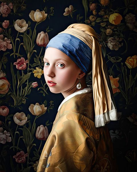 Classic Girl with a Pearl Earring with tulips by Vlindertuin-Art
