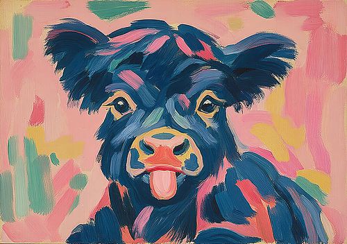 Kleurrijk portret van een koe met haar tong uitgestoken