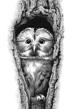 Wide-Eyed Owl in Tree Hollow Line Art