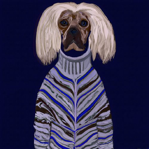 Portret van een hond met blond haar in koltrui blauw tinten