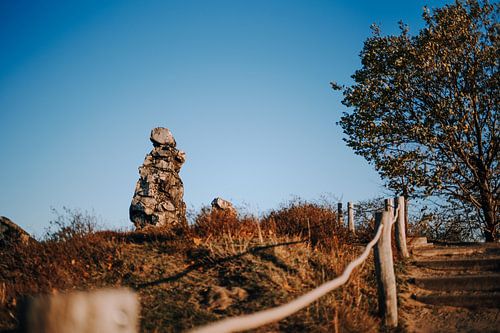 Die Teufelsmauer im Harz bei Sonnenuntergang.
