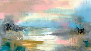 Verträumte ZEN-Landschaft in Aquarelltechnik in sanften Pastelltönen