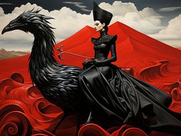 surrealistische vrouw vogel zwart rood landschap mystiek golven bergen van gm_designs