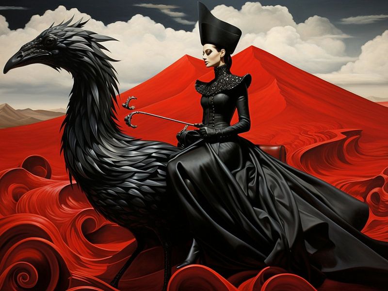 surreal woman bird black red landscape mystical waves mountains by gm_designs
