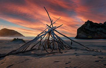 Zweiggebäude bei Sonnenuntergang am Strand. von Albert Brunsting