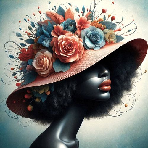 portret van een vrouw met een hoed en bloemen