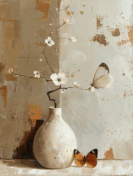 Stilleven van bloesem en vlinders in Japandi stijl van Japandi Art Studio