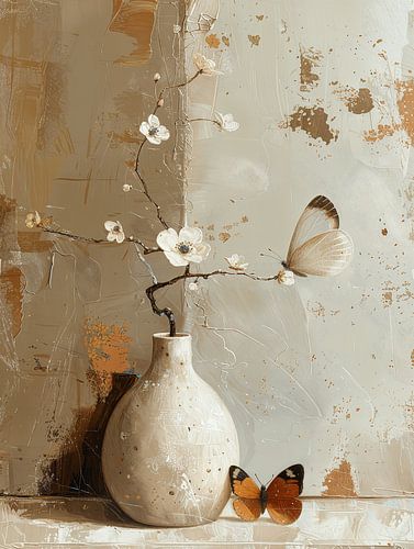 Stilleven van bloesem en vlinders in Japandi stijl