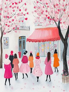 Dames in Parijs in de bloeiende lente