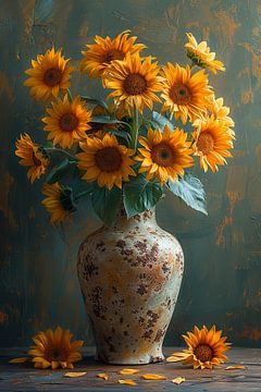 Classic still life with sunflowers in a vase by Felix Brönnimann