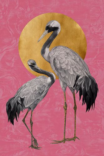 Cranes on pink background with golden sun by Digitale Schilderijen
