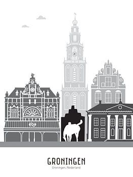 Skyline illustration city of Groningen black-and-white-grey