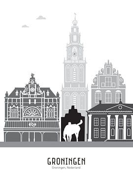 Skyline illustration city of Groningen black-and-white-grey by Mevrouw Emmer